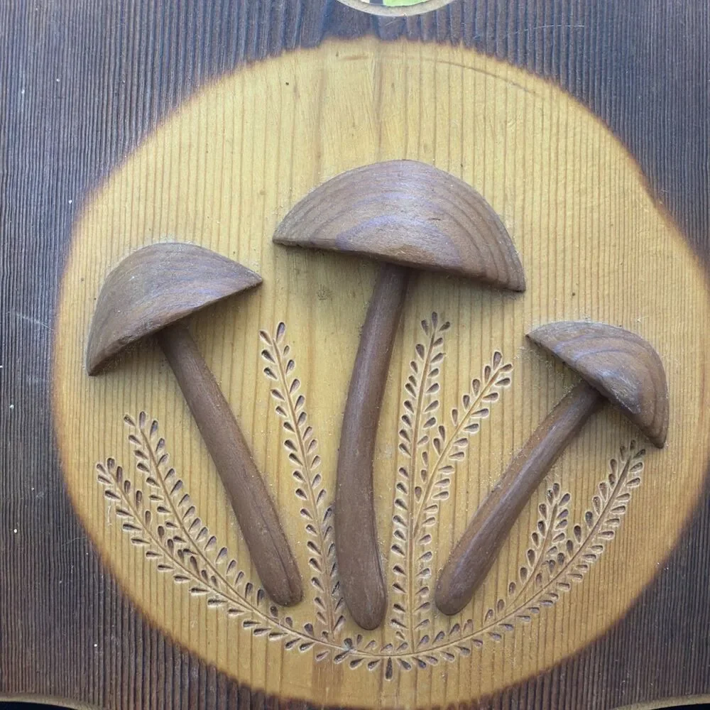 Vintage 3D Wood Carved Mushroom Wall Plaque R.D. Broz Family- Cottage Core Folk